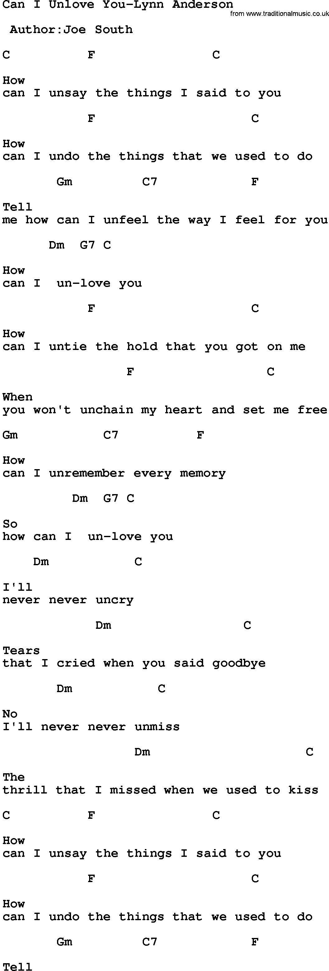 Country music song: Can I Unlove You-Lynn Anderson lyrics and chords