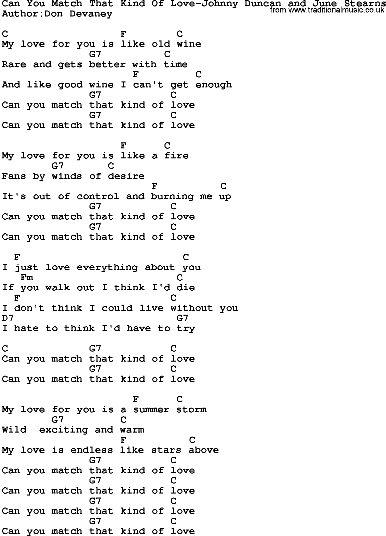 Country music song: Can You Match That Kind Of Love-Johnny Duncan And June Stearns lyrics and chords
