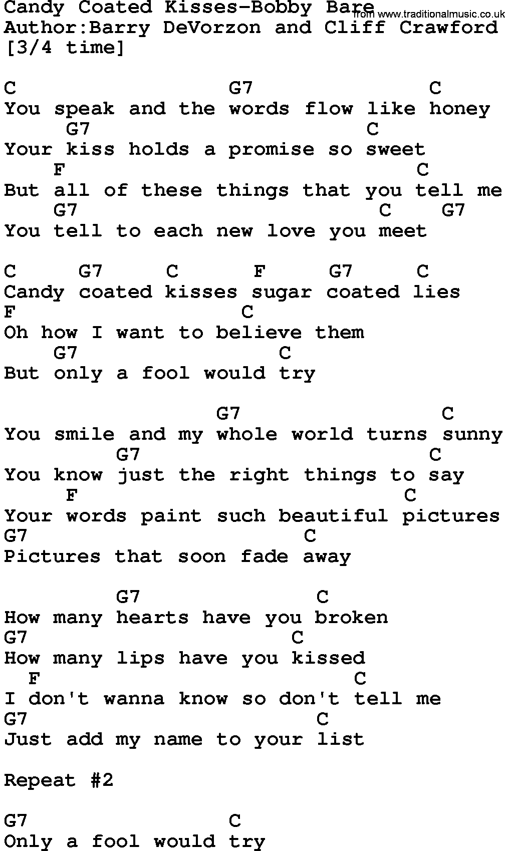 Country music song: Candy Coated Kisses-Bobby Bare lyrics and chords