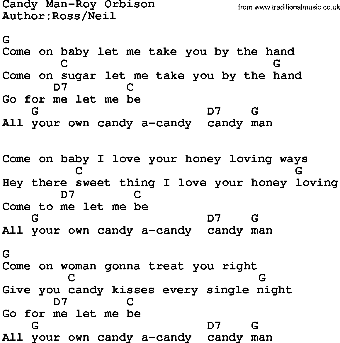 Country music song: Candy Man-Roy Orbison lyrics and chords