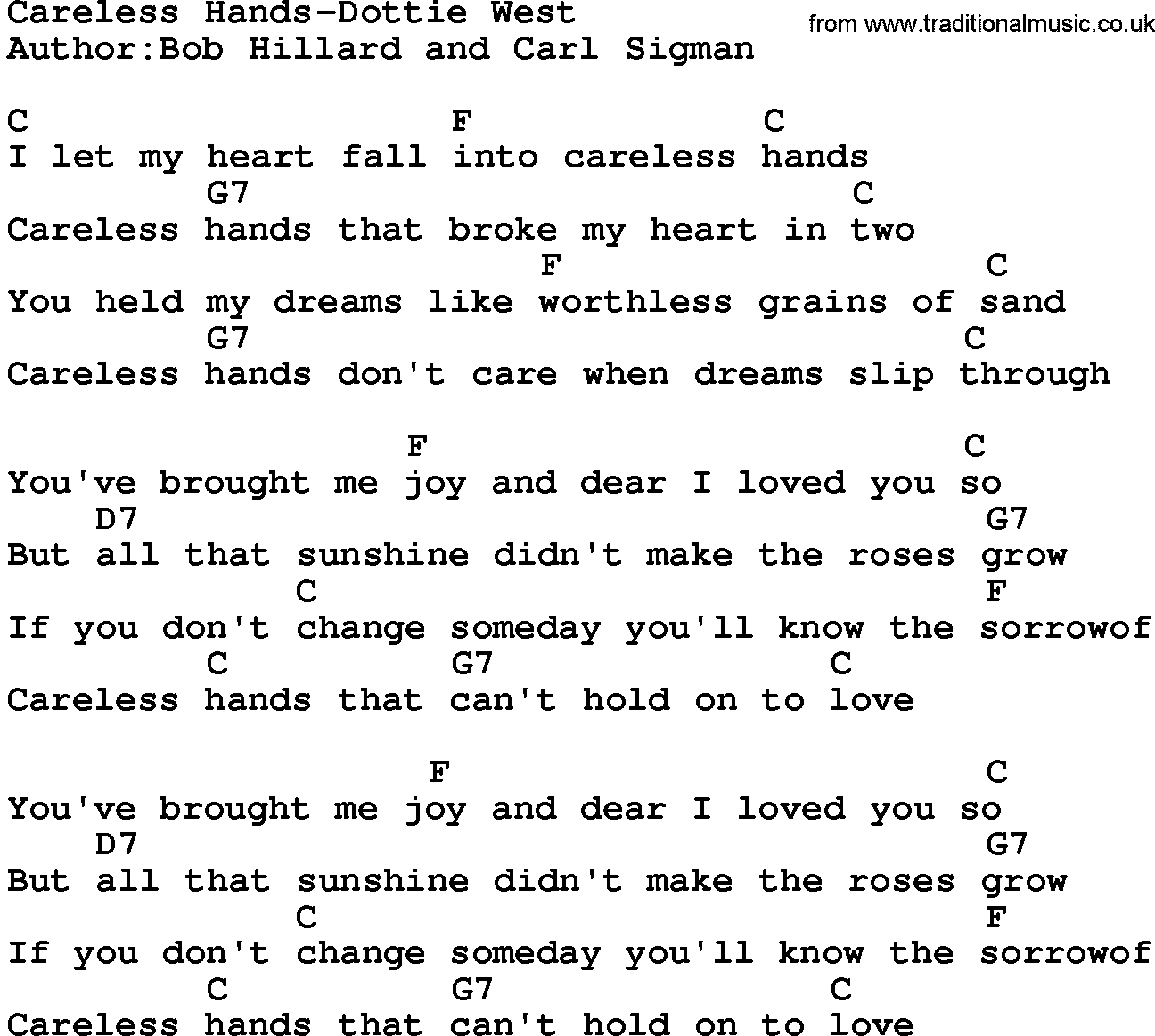 Country music song: Careless Hands-Dottie West lyrics and chords