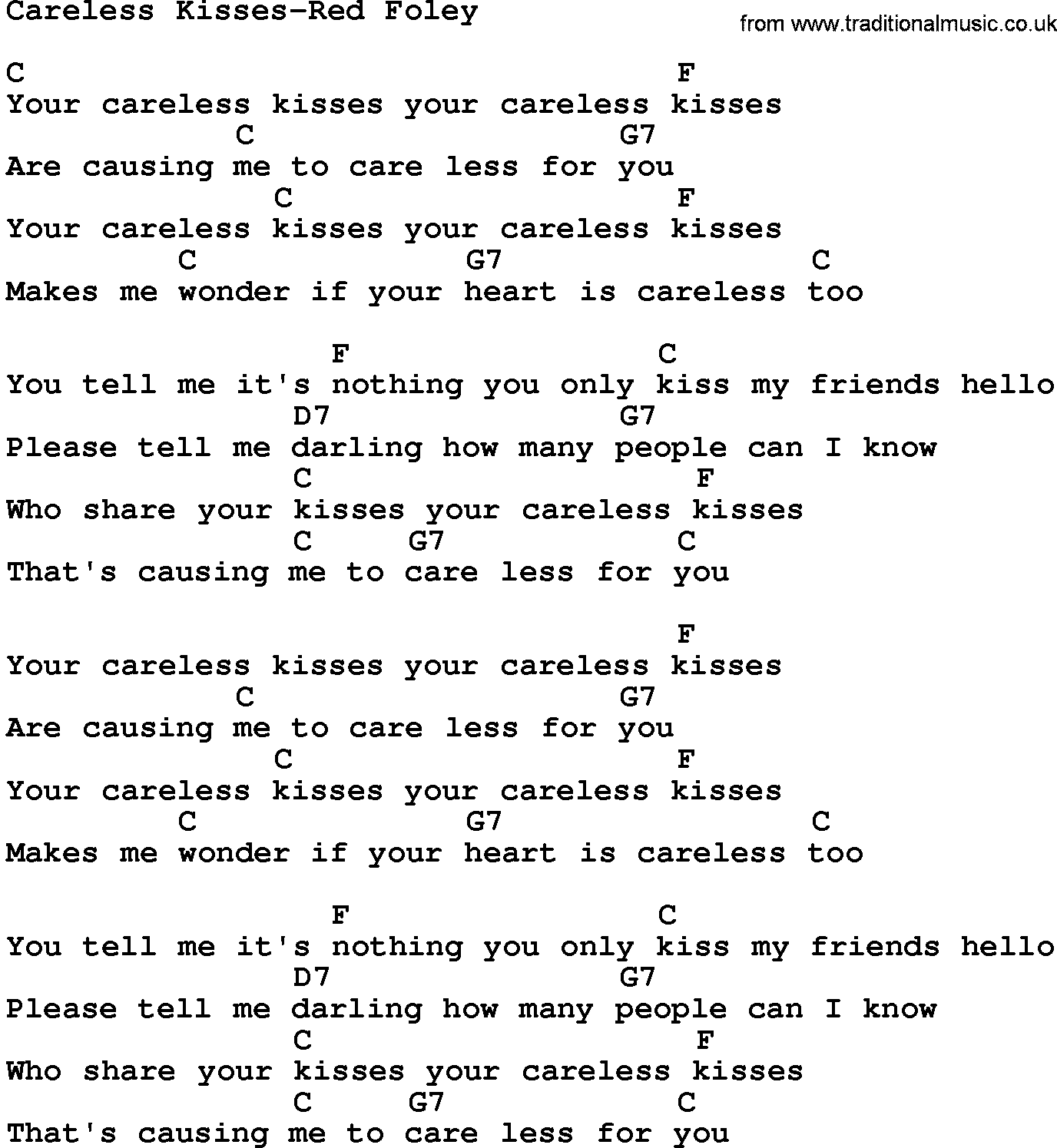 Country music song: Careless Kisses-Red Foley lyrics and chords