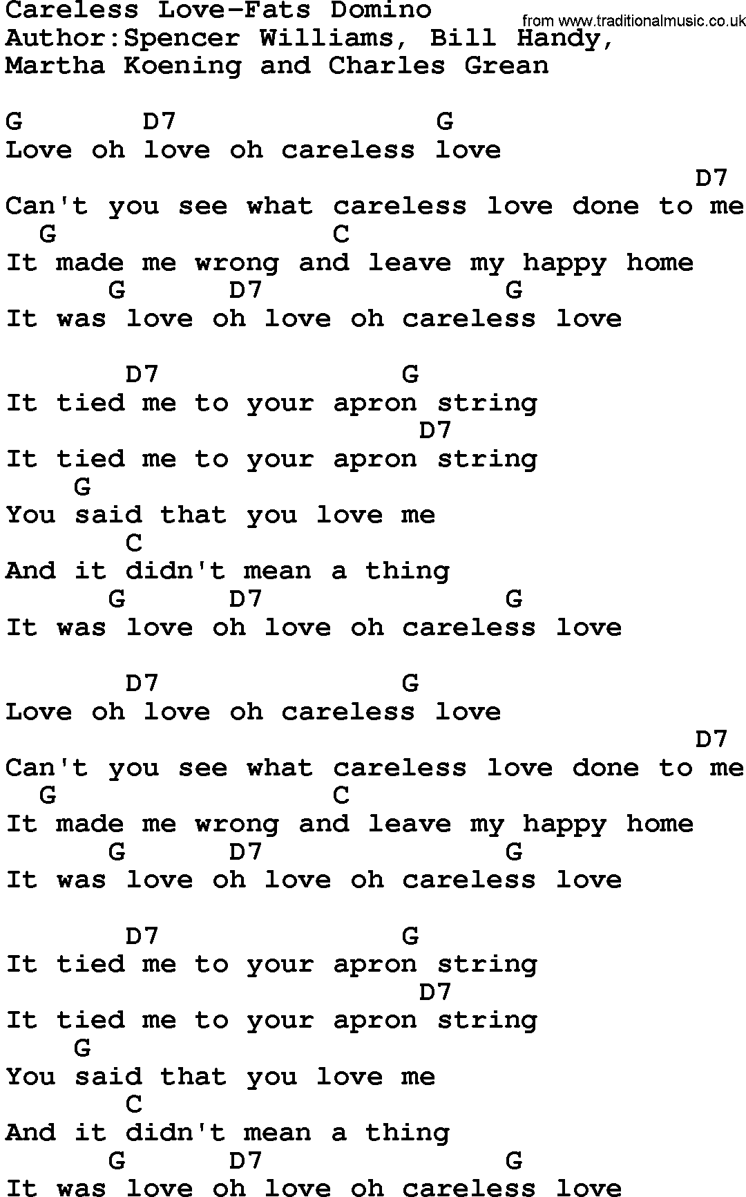 Country music song: Careless Love-Fats Domino lyrics and chords