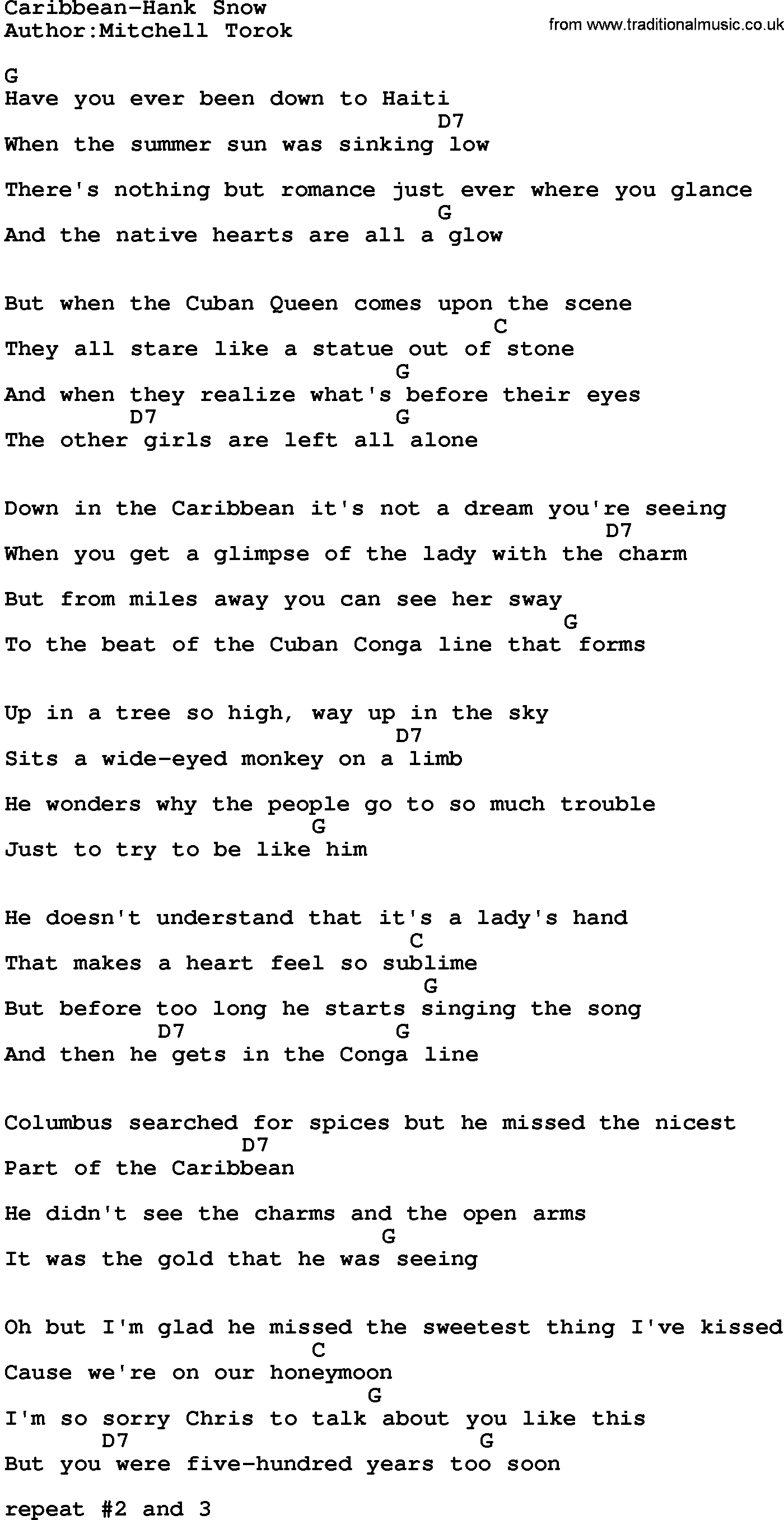 Country music song: Caribbean-Hank Snow lyrics and chords