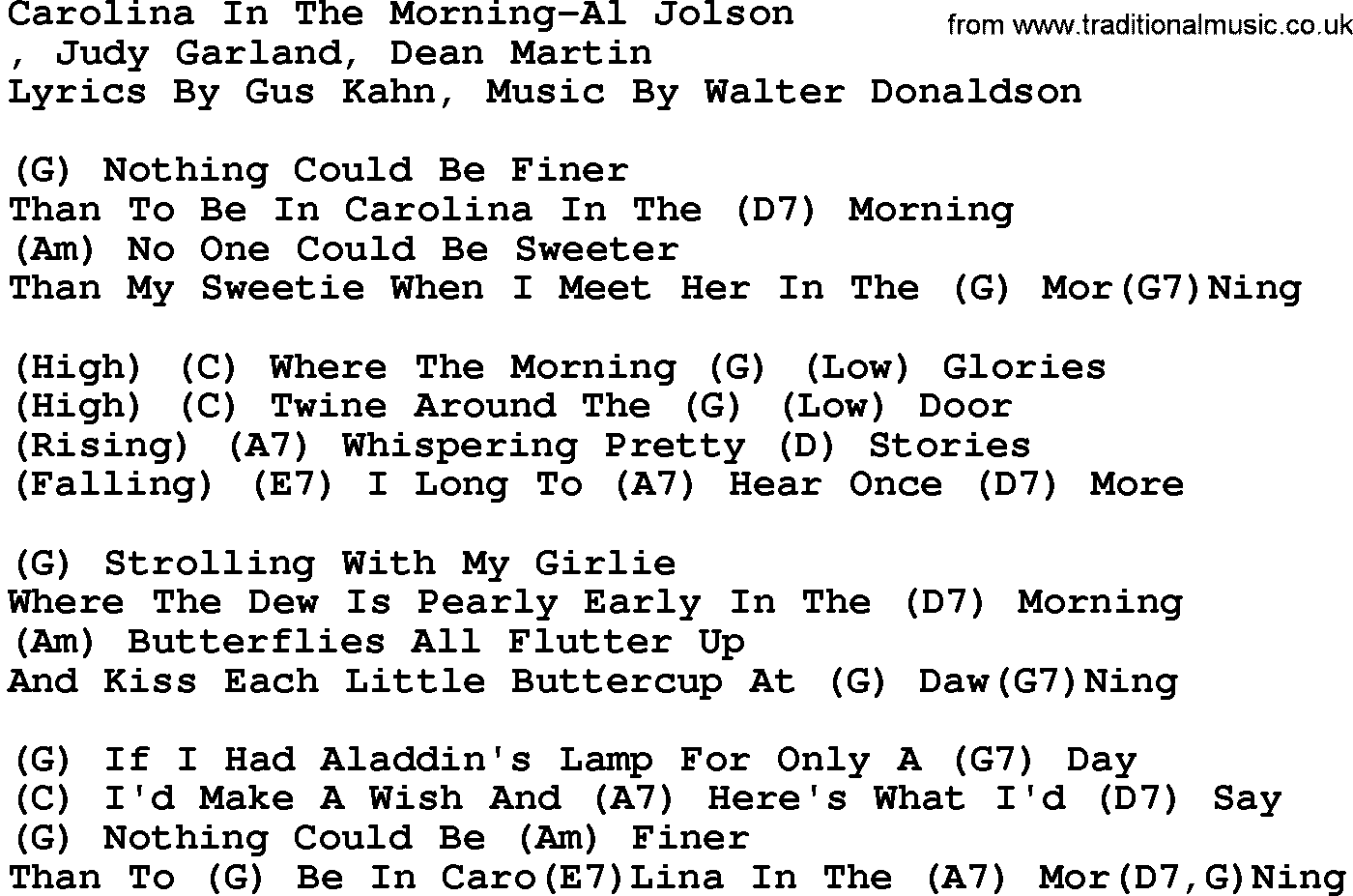 Country music song: Carolina In The Morning-Al Jolson lyrics and chords