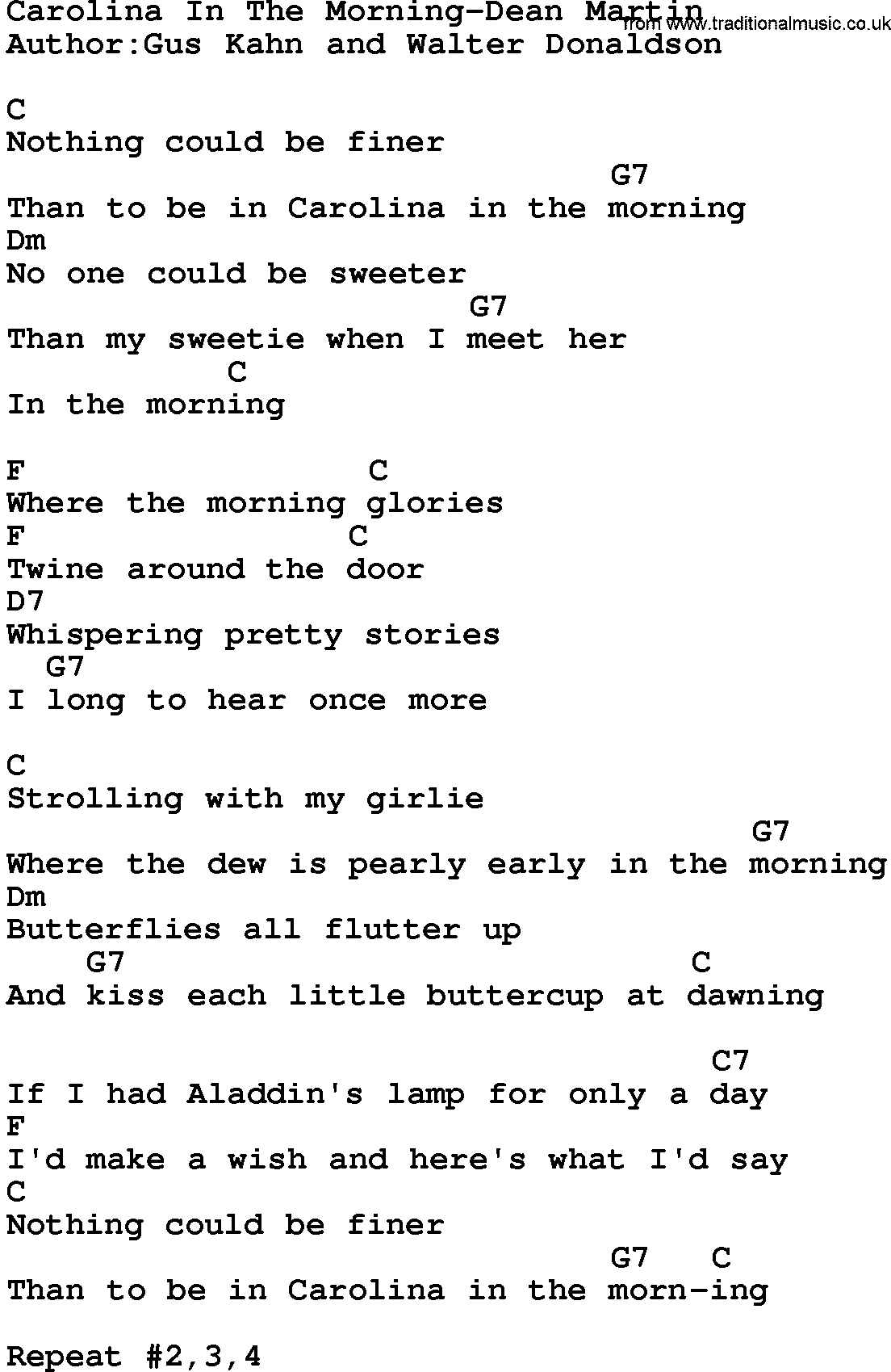 Country music song: Carolina In The Morning-Dean Martin lyrics and chords