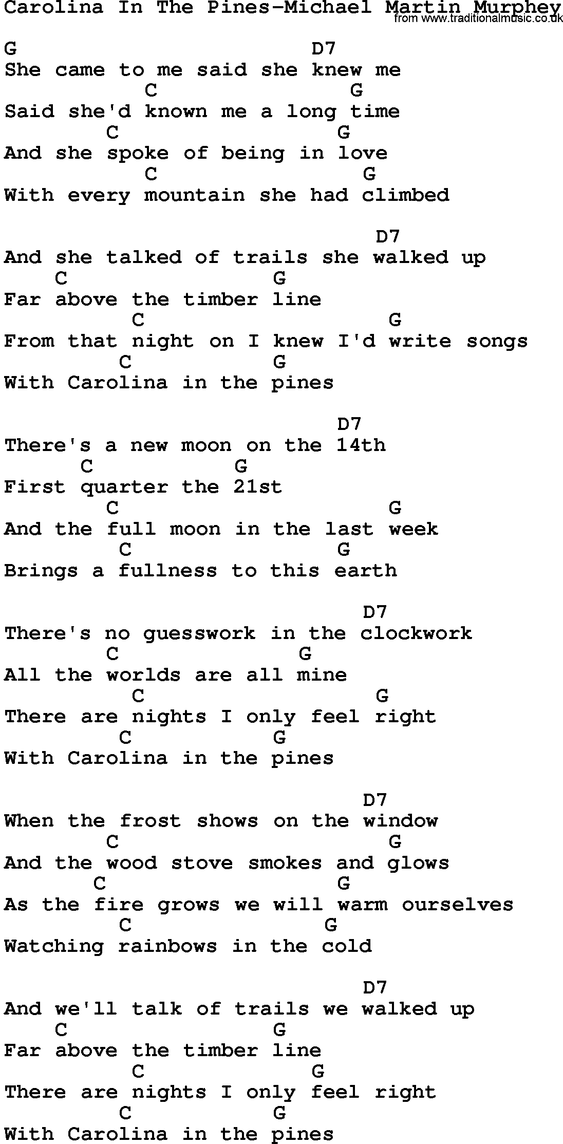 Country music song: Carolina In The Pines-Michael Martin Murphey lyrics and chords