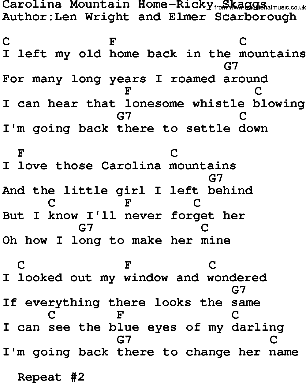 Country music song: Carolina Mountain Home-Ricky Skaggs lyrics and chords