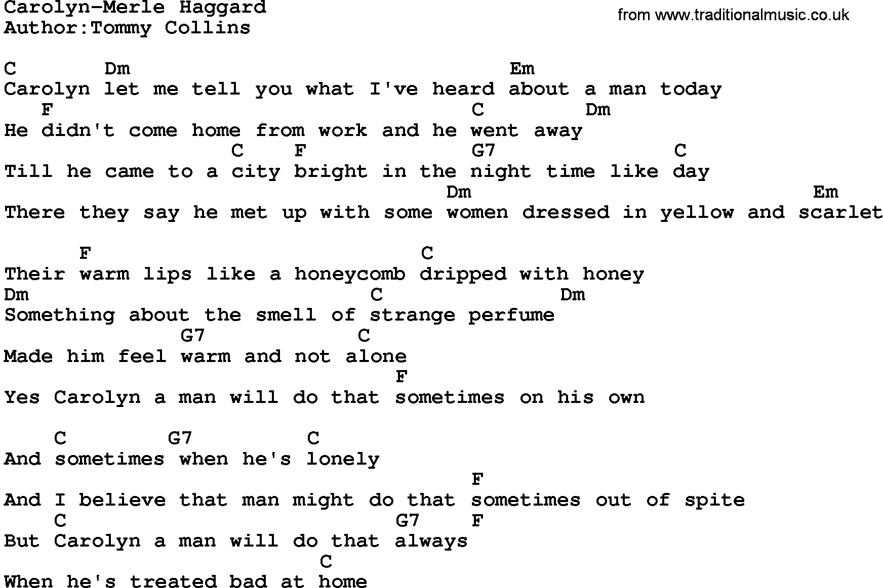 Country music song: Carolyn-Merle Haggard lyrics and chords