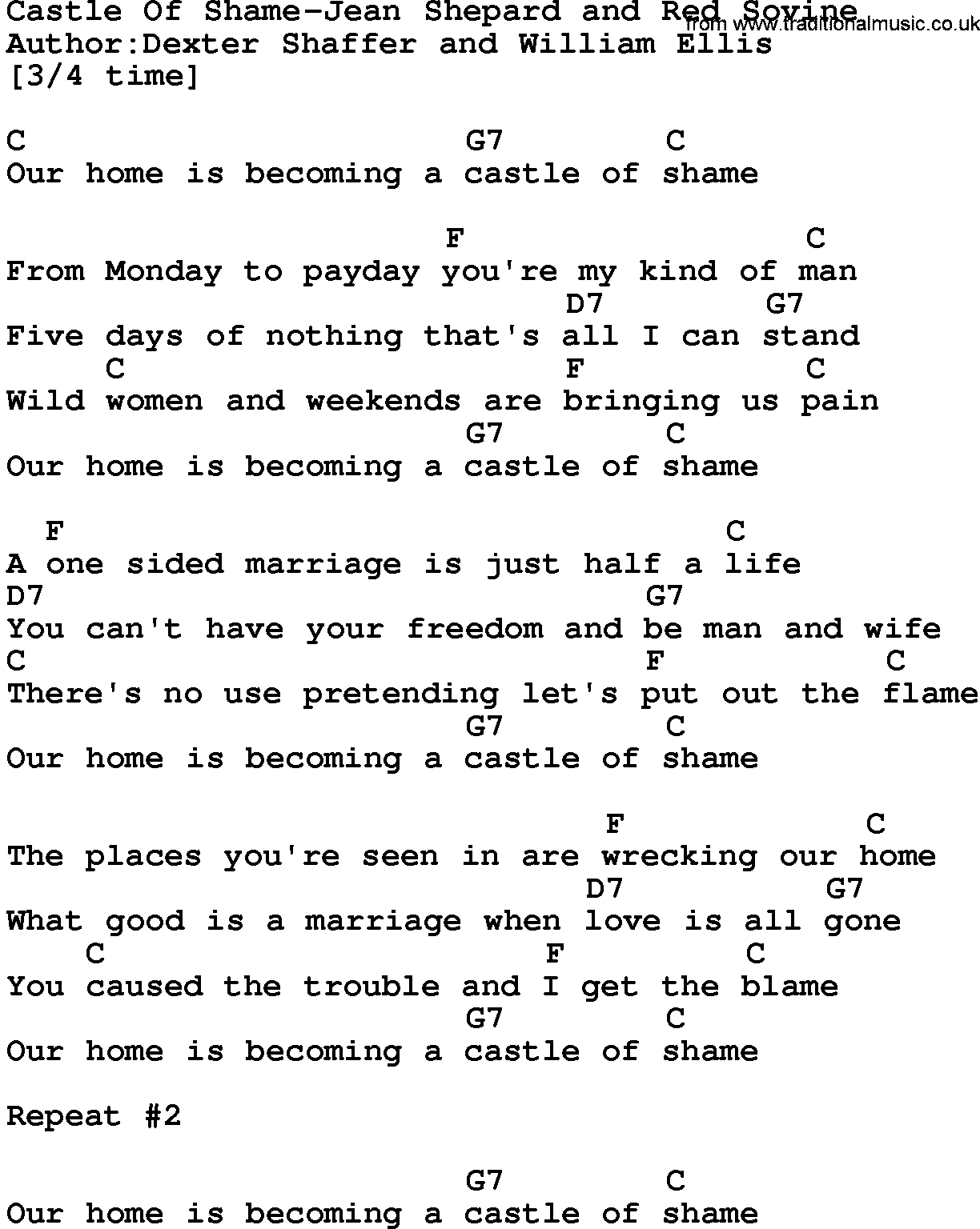 Country music song: Castle Of Shame-Jean Shepard And Red Sovine lyrics and chords