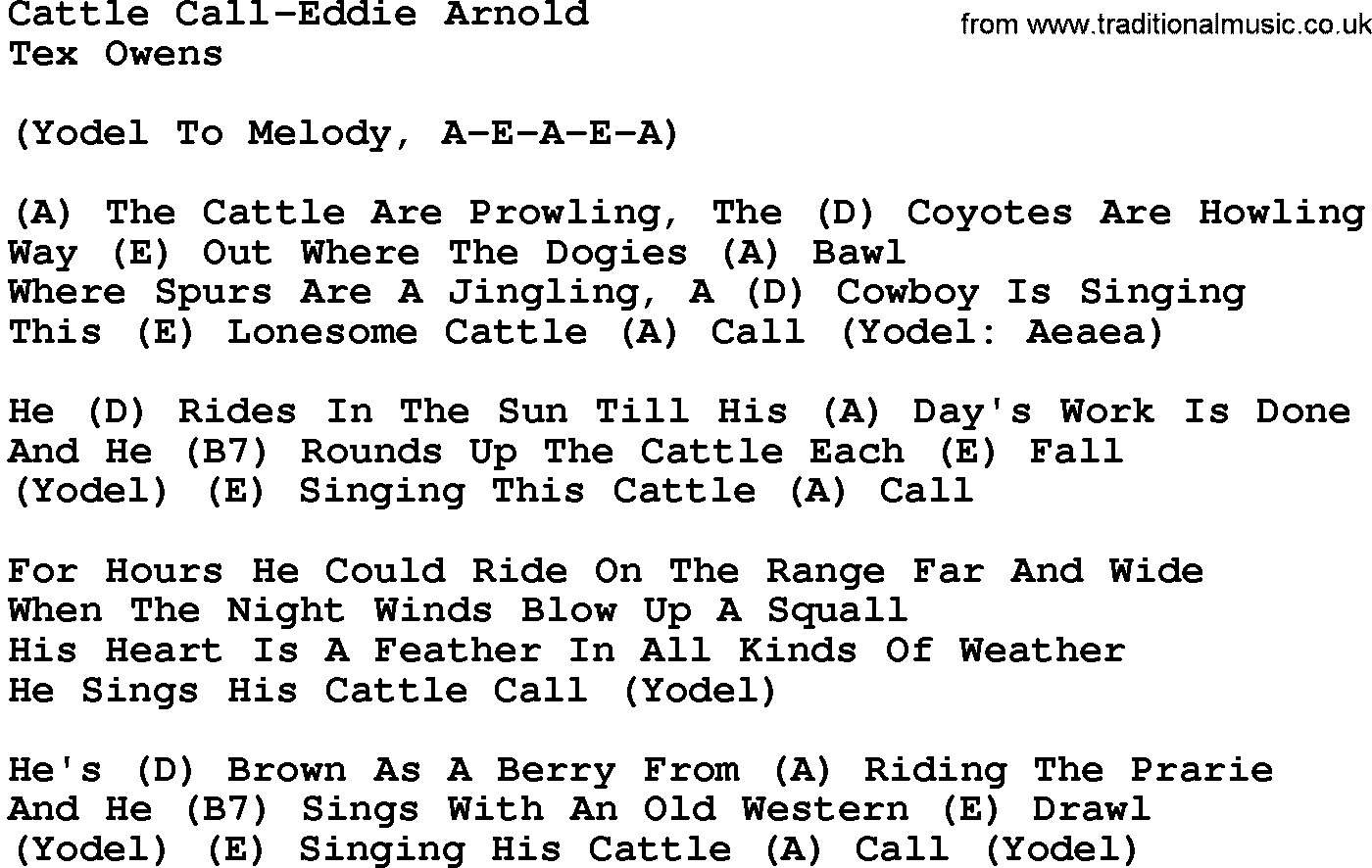 Country music song: Cattle Call-Eddie Arnold lyrics and chords