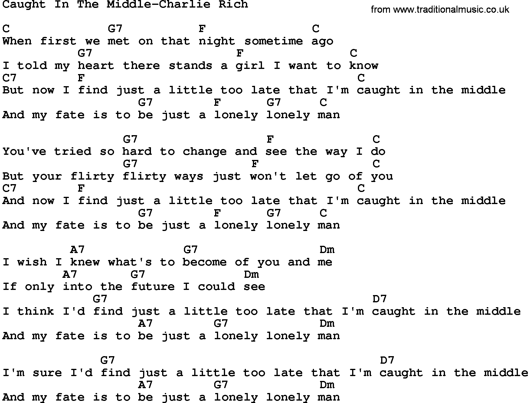 Country music song: Caught In The Middle-Charlie Rich lyrics and chords