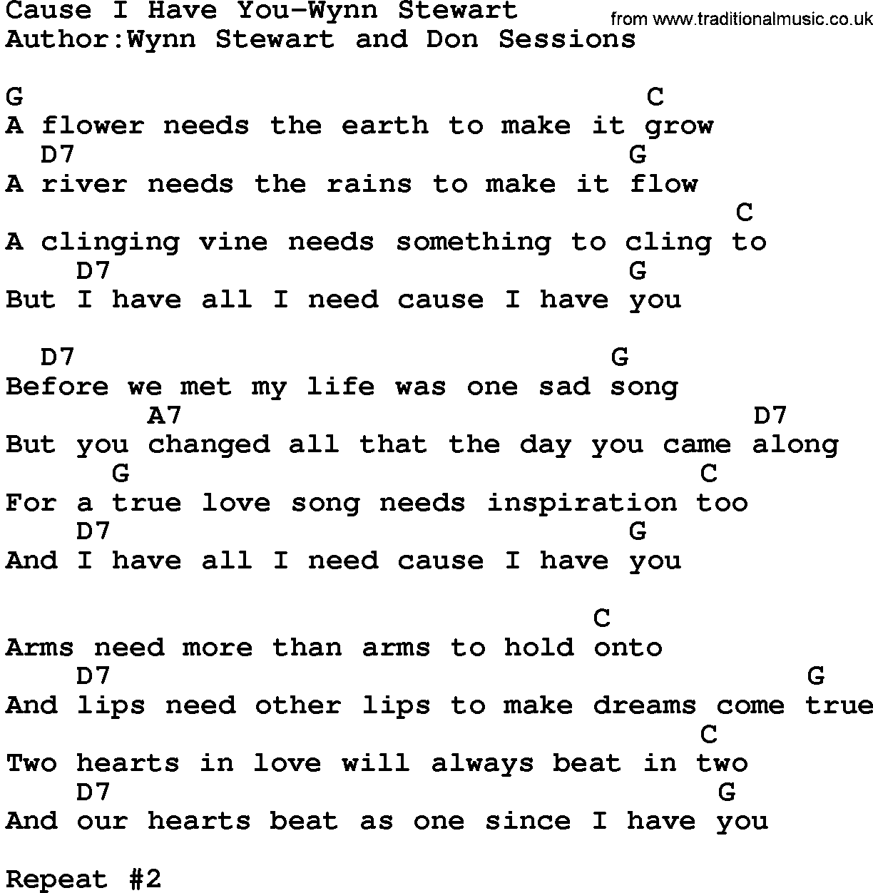 Country music song: Cause I Have You-Wynn Stewart lyrics and chords