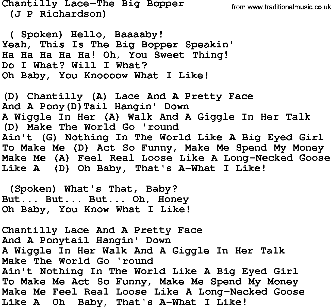 Country music song: Chantilly Lace-The Big Bopper lyrics and chords