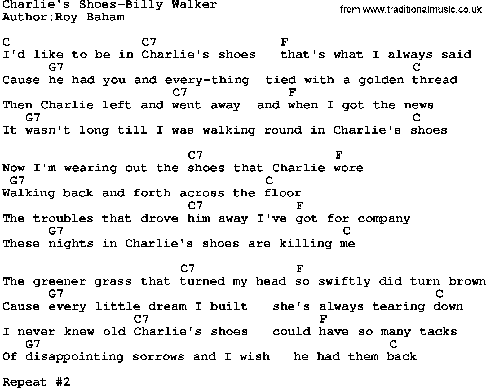 Country music song: Charlie's Shoes-Billy Walker lyrics and chords