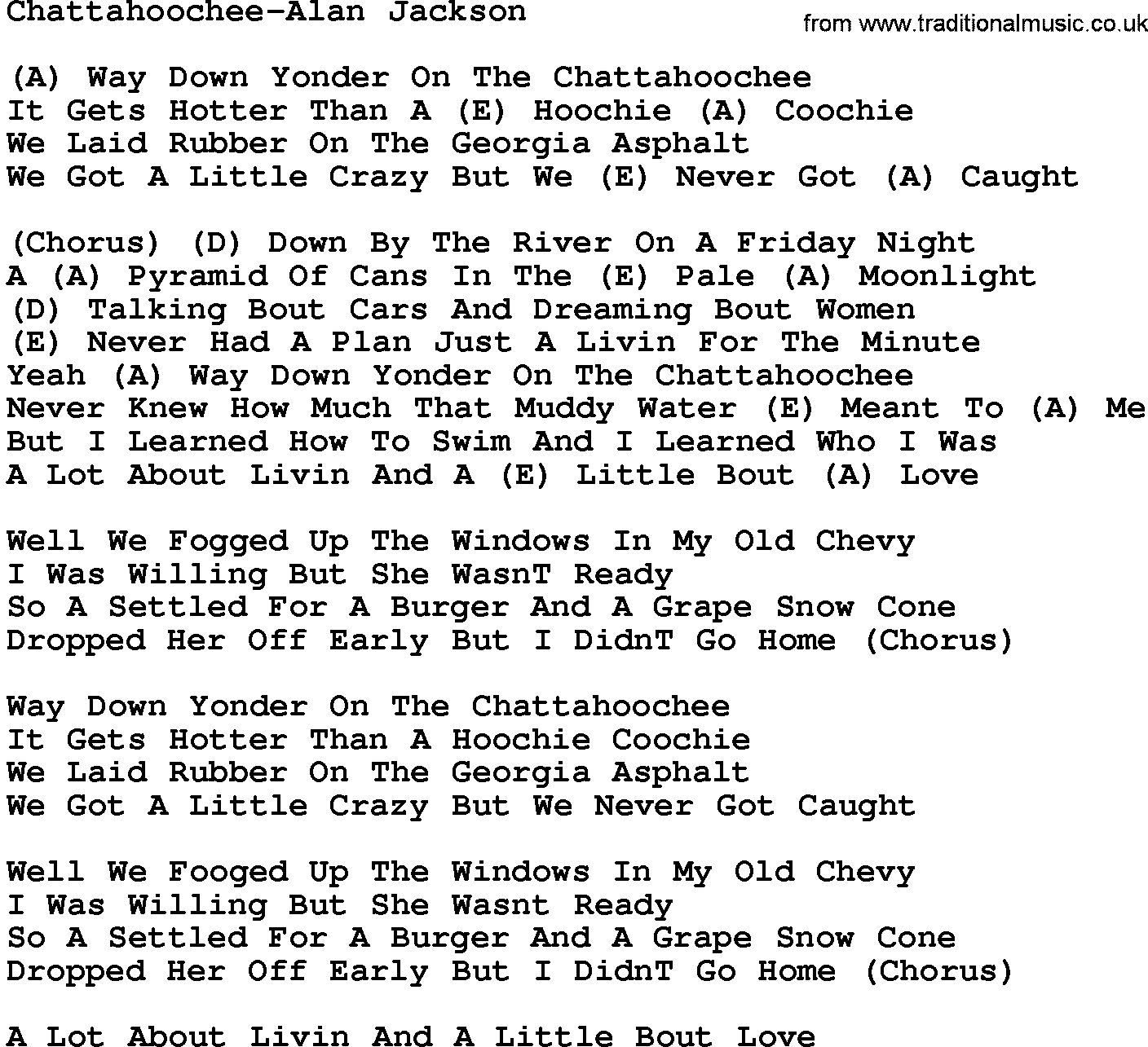 Country music song: Chattahoochee-Alan Jackson lyrics and chords