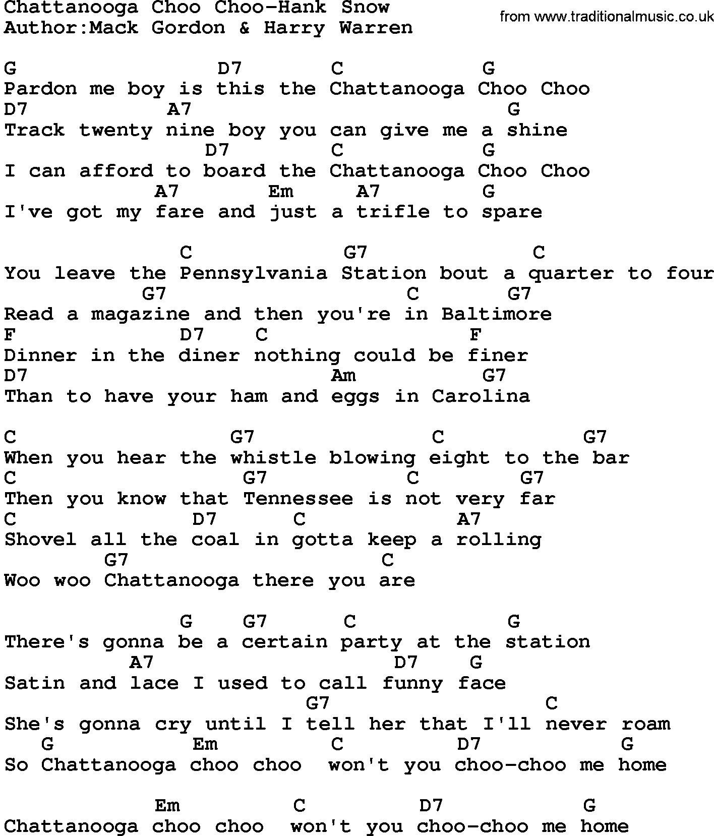 Country music song: Chattanooga Choo Choo-Hank Snow lyrics and chords