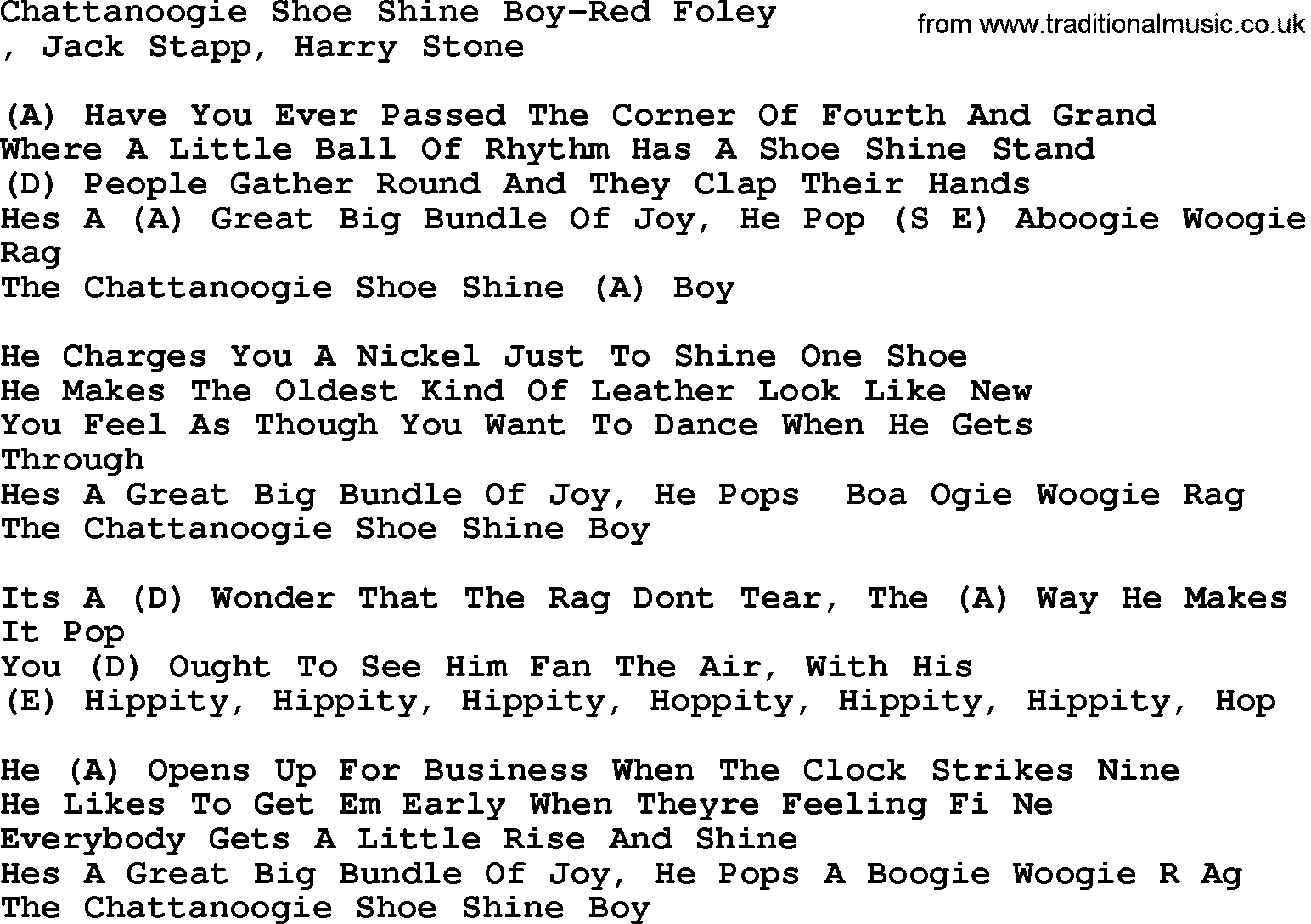 Country music song: Chattanoogie Shoe Shine Boy-Red Foley lyrics and chords