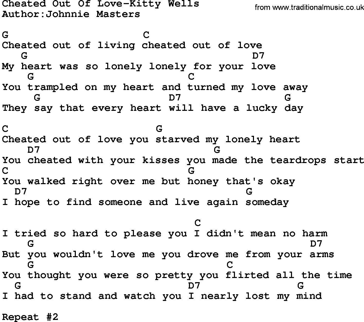 Country music song: Cheated Out Of Love-Kitty Wells lyrics and chords