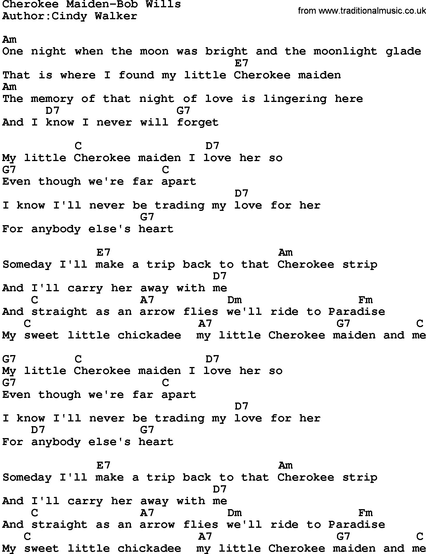 Country music song: Cherokee Maiden-Bob Wills lyrics and chords