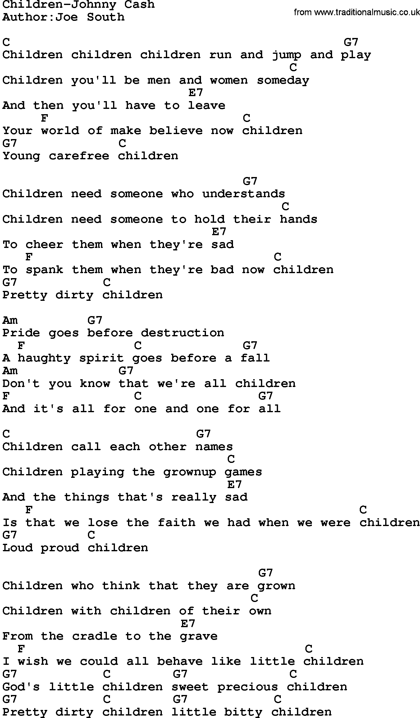 Country music song: Children-Johnny Cash lyrics and chords