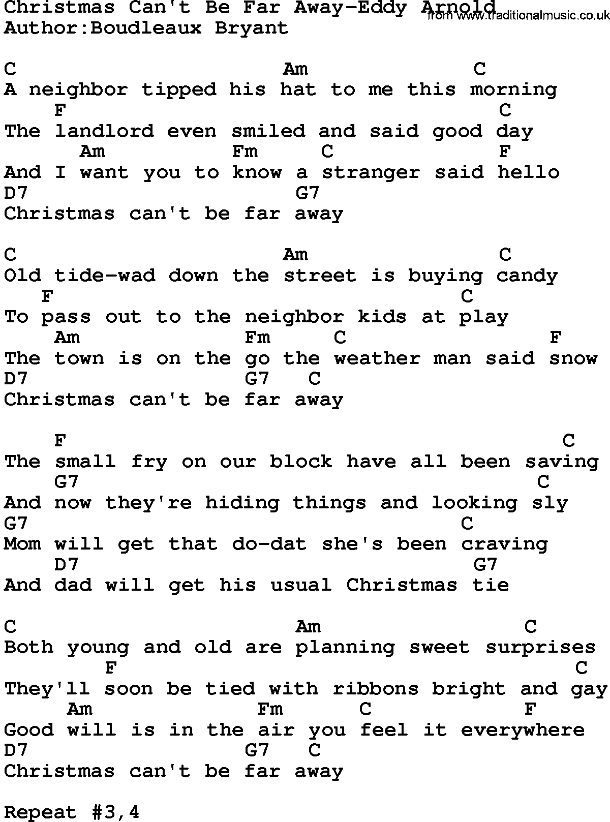 Country music song: Christmas Can't Be Far Away-Eddy Arnold lyrics and chords