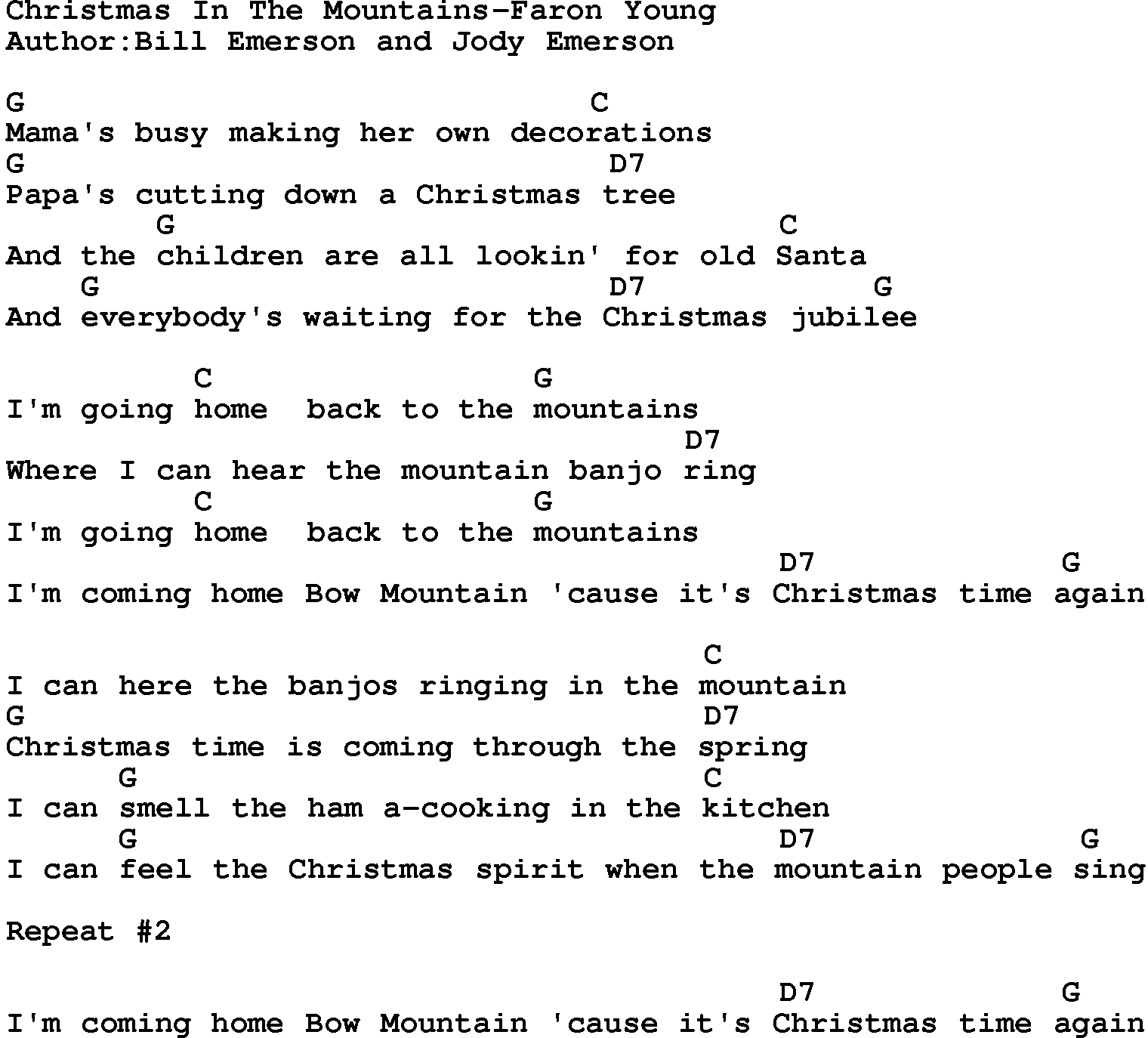 Country music song: Christmas In The Mountains-Faron Young lyrics and chords