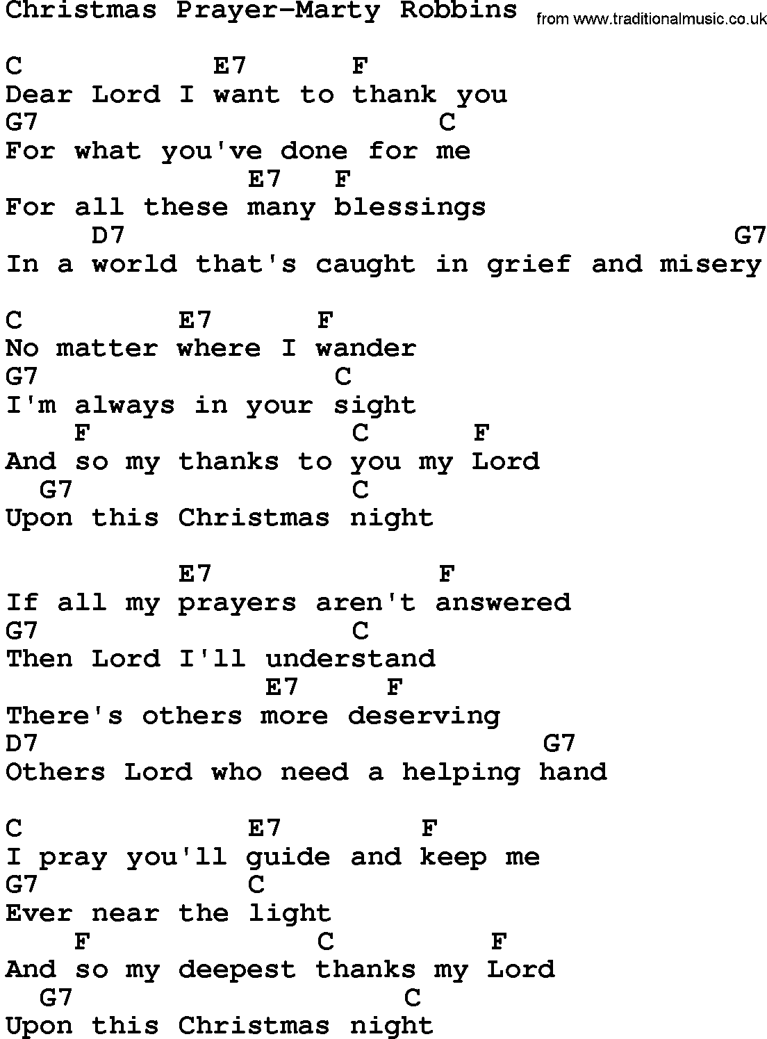 Country music song: Christmas Prayer-Marty Robbins lyrics and chords
