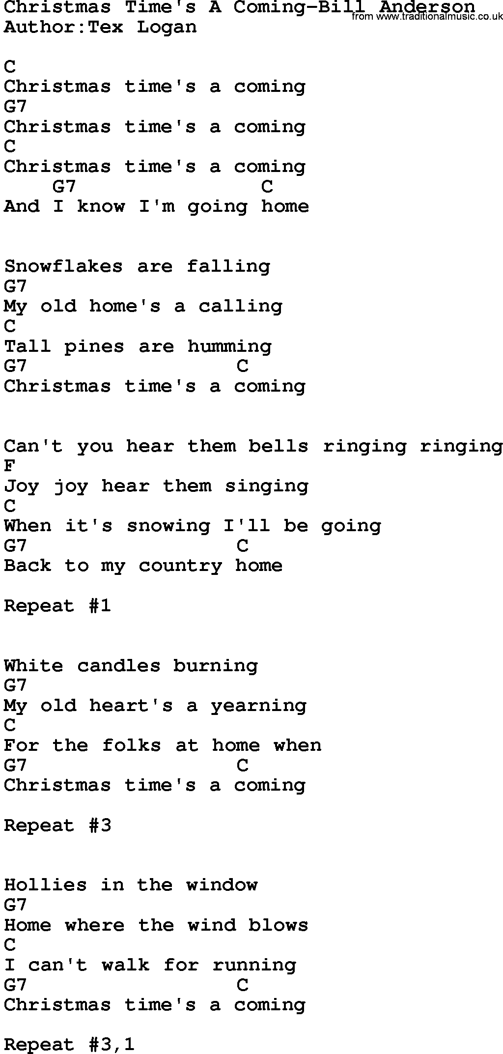 Country music song: Christmas Time's A Coming-Bill Anderson lyrics and chords