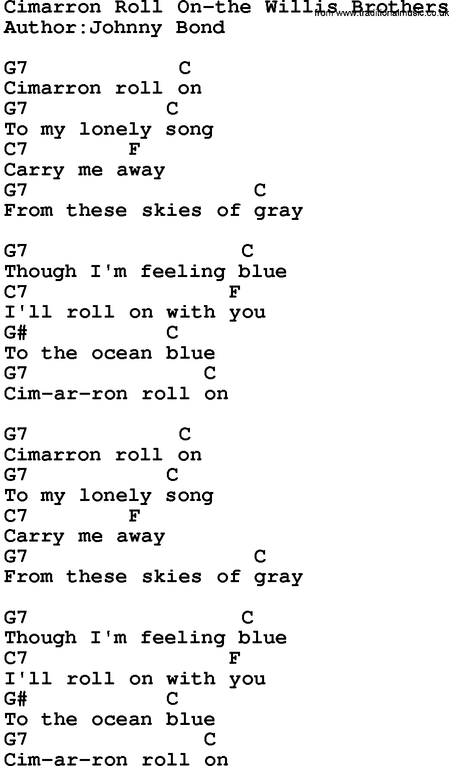 Country music song: Cimarron Roll On-The Willis Brothers lyrics and chords