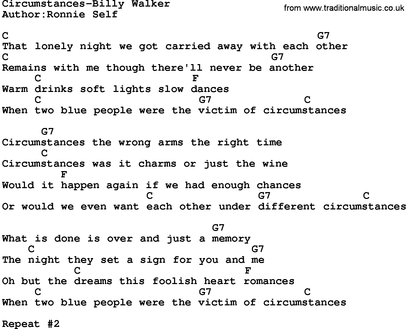 Country music song: Circumstances-Billy Walker lyrics and chords
