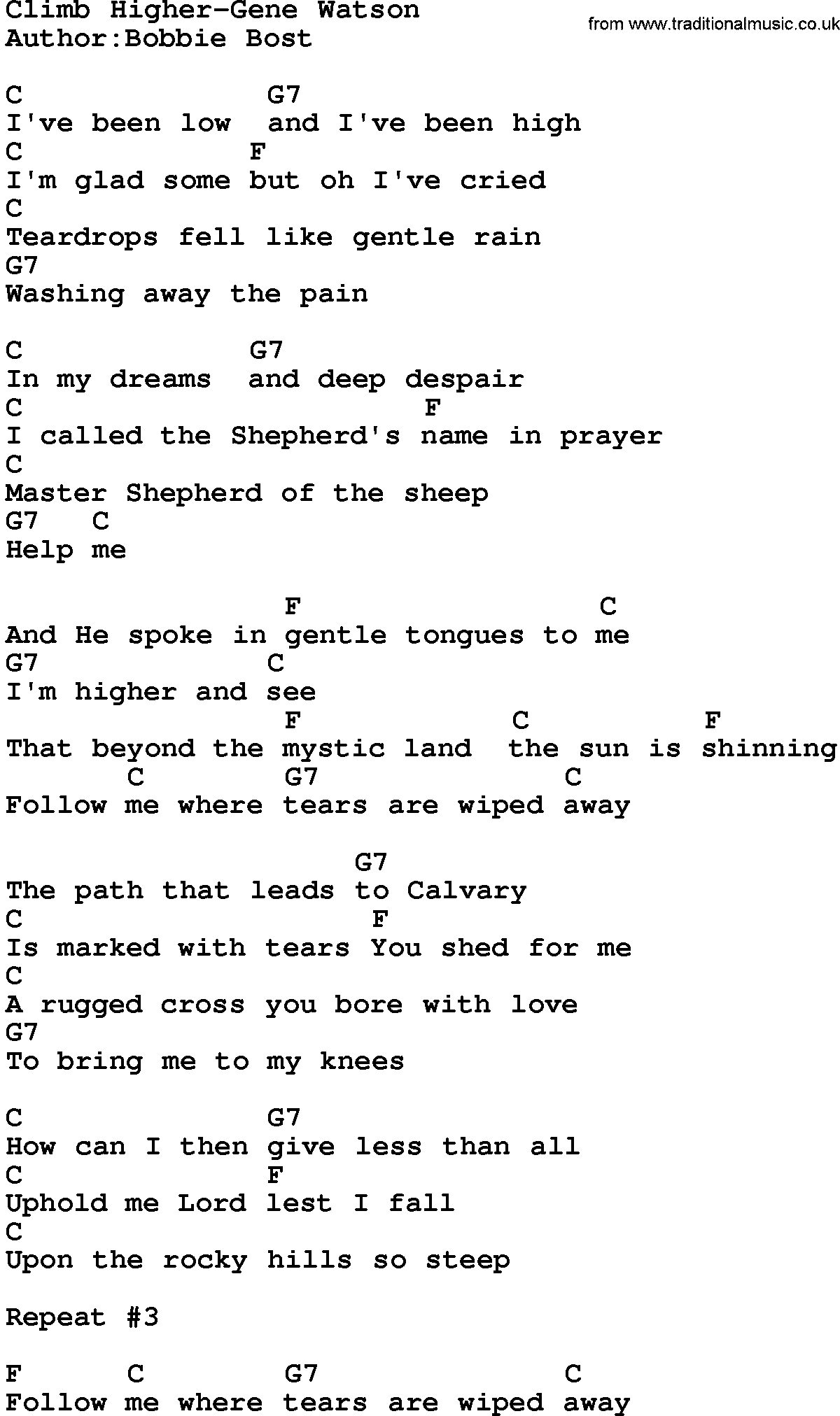 Country music song: Climb Higher-Gene Watson lyrics and chords
