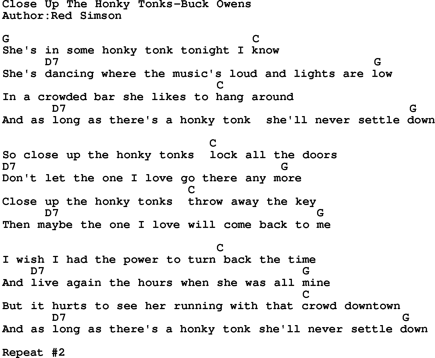 Country music song: Close Up The Honky Tonks-Buck Owens lyrics and chords
