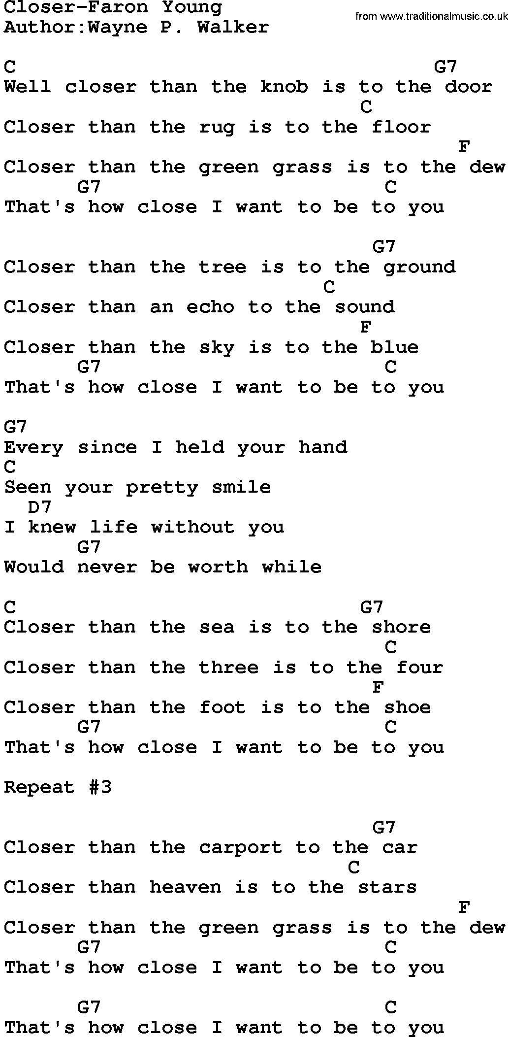 Country music song: Closer-Faron Young lyrics and chords