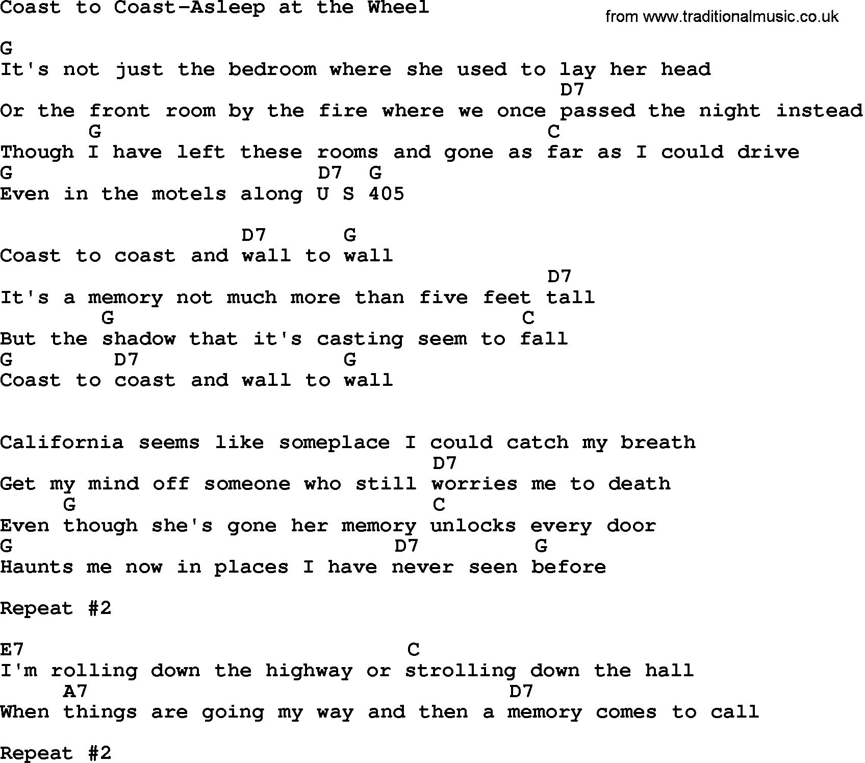 Country music song: Coast To Coast-Asleep At The Wheel lyrics and chords
