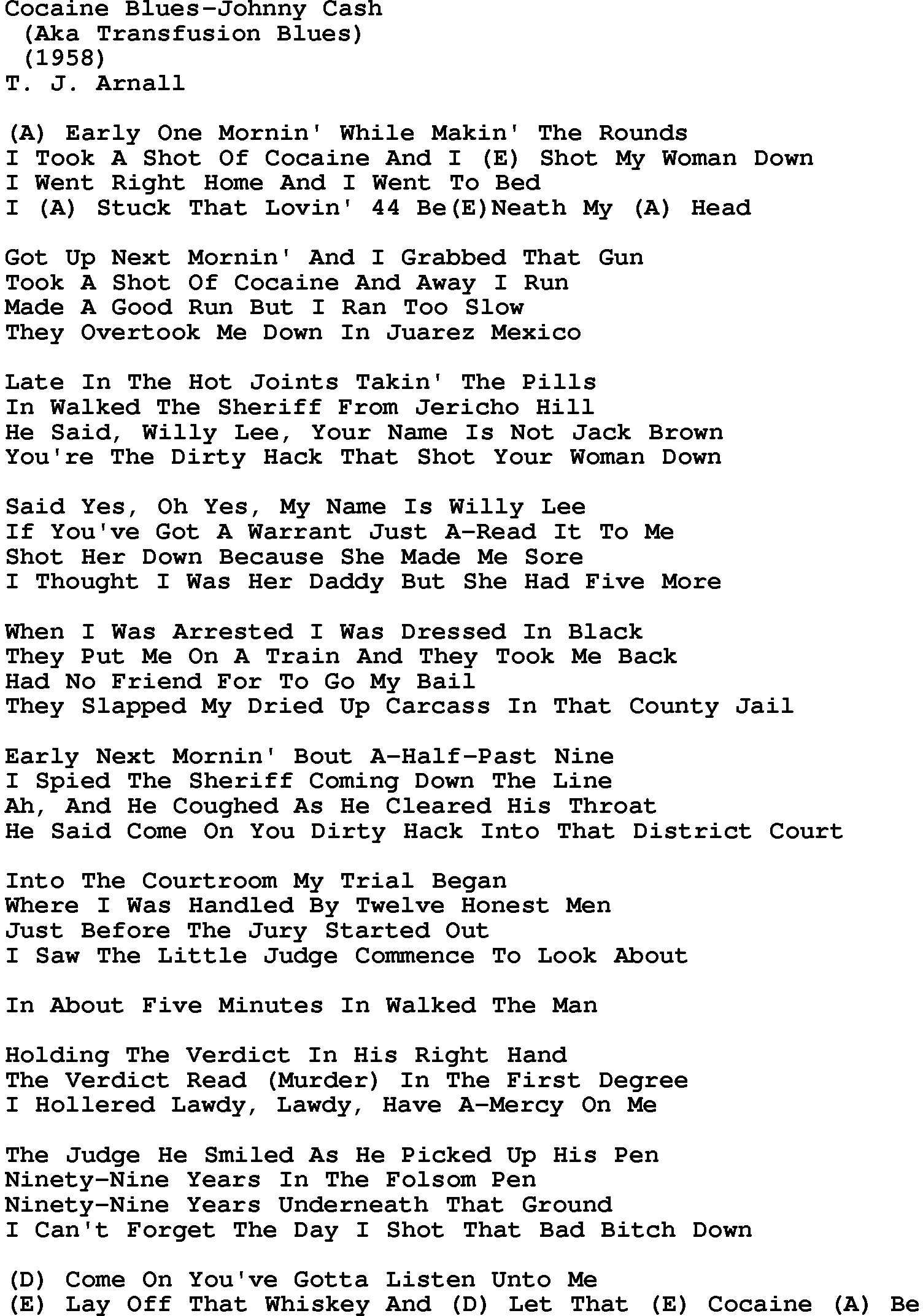 Country music song: Cocaine Blues-Johnny Cash lyrics and chords