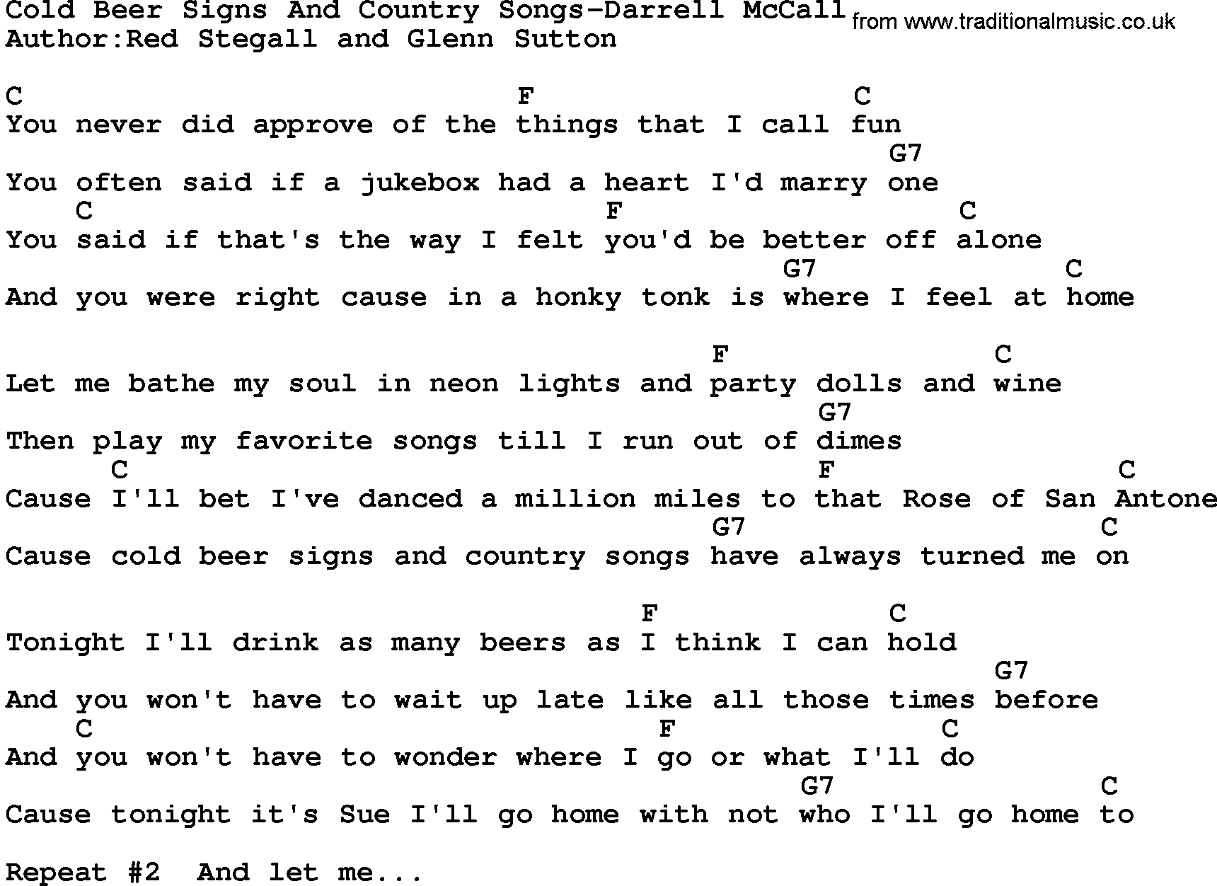 Country music song: Cold Beer Signs And Country Songs-Darrell Mccall lyrics and chords