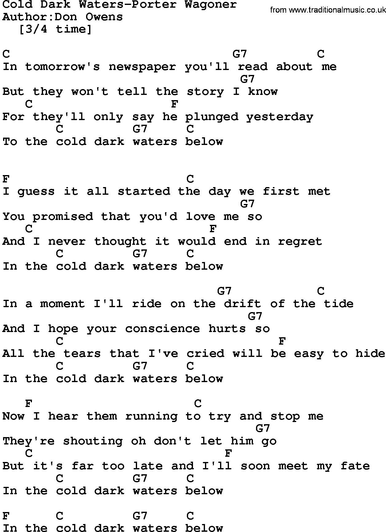 Country MusicCold Dark WatersPorter Wagoner Lyrics and Chords
