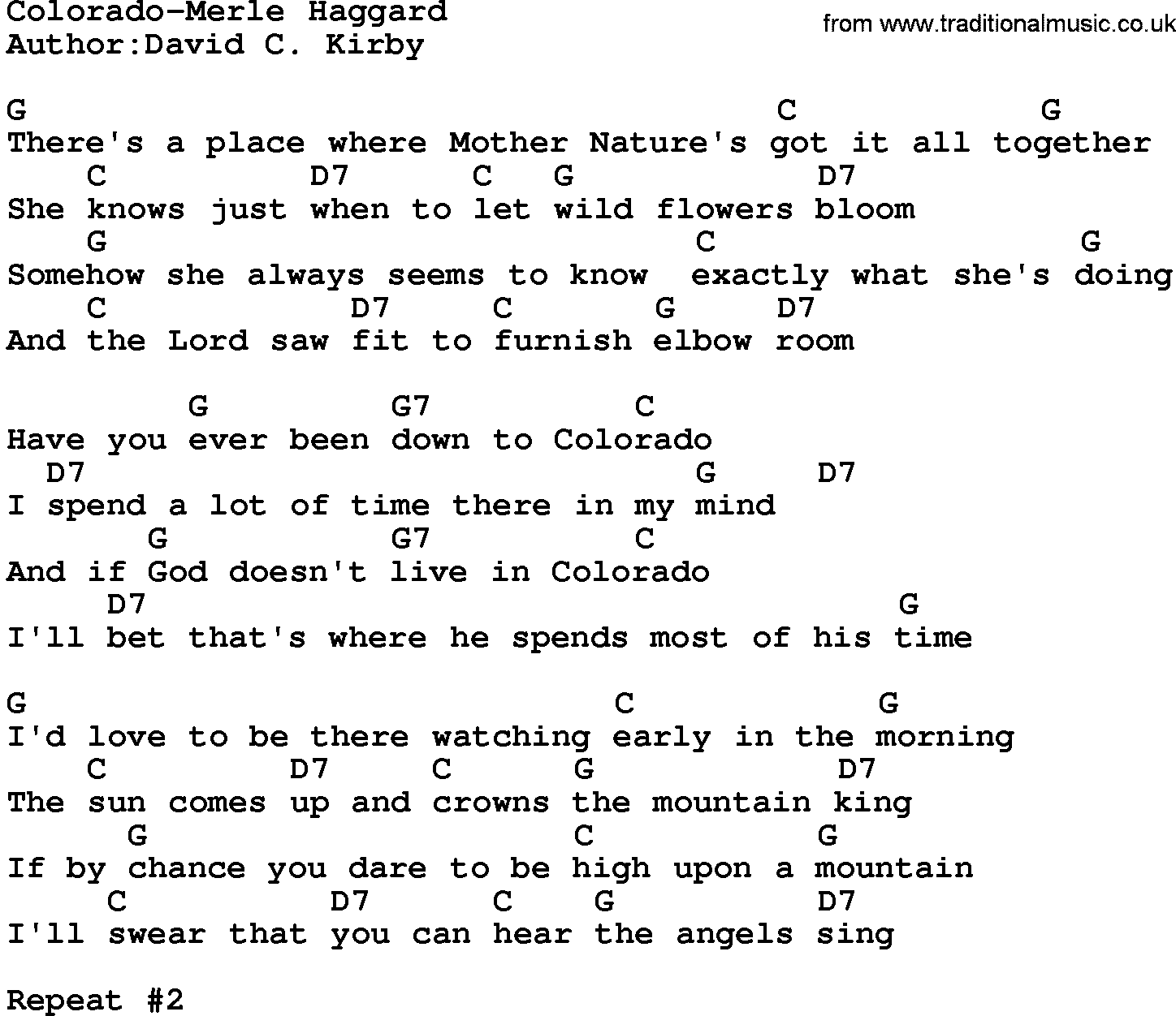 Country music song: Colorado-Merle Haggard lyrics and chords