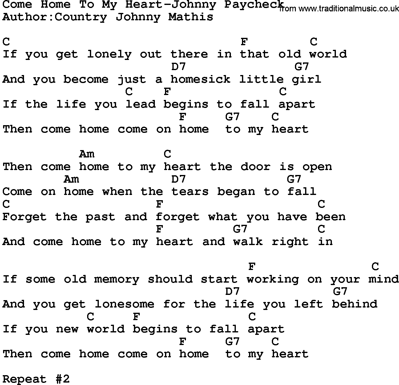 Country music song: Come Home To My Heart-Johnny Paycheck lyrics and chords