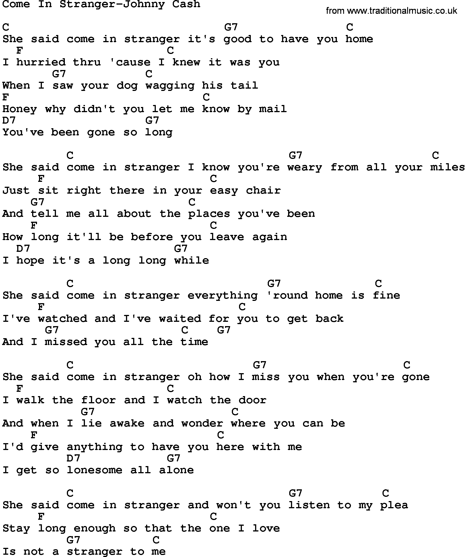 Country music song: Come In Stranger-Johnny Cash lyrics and chords