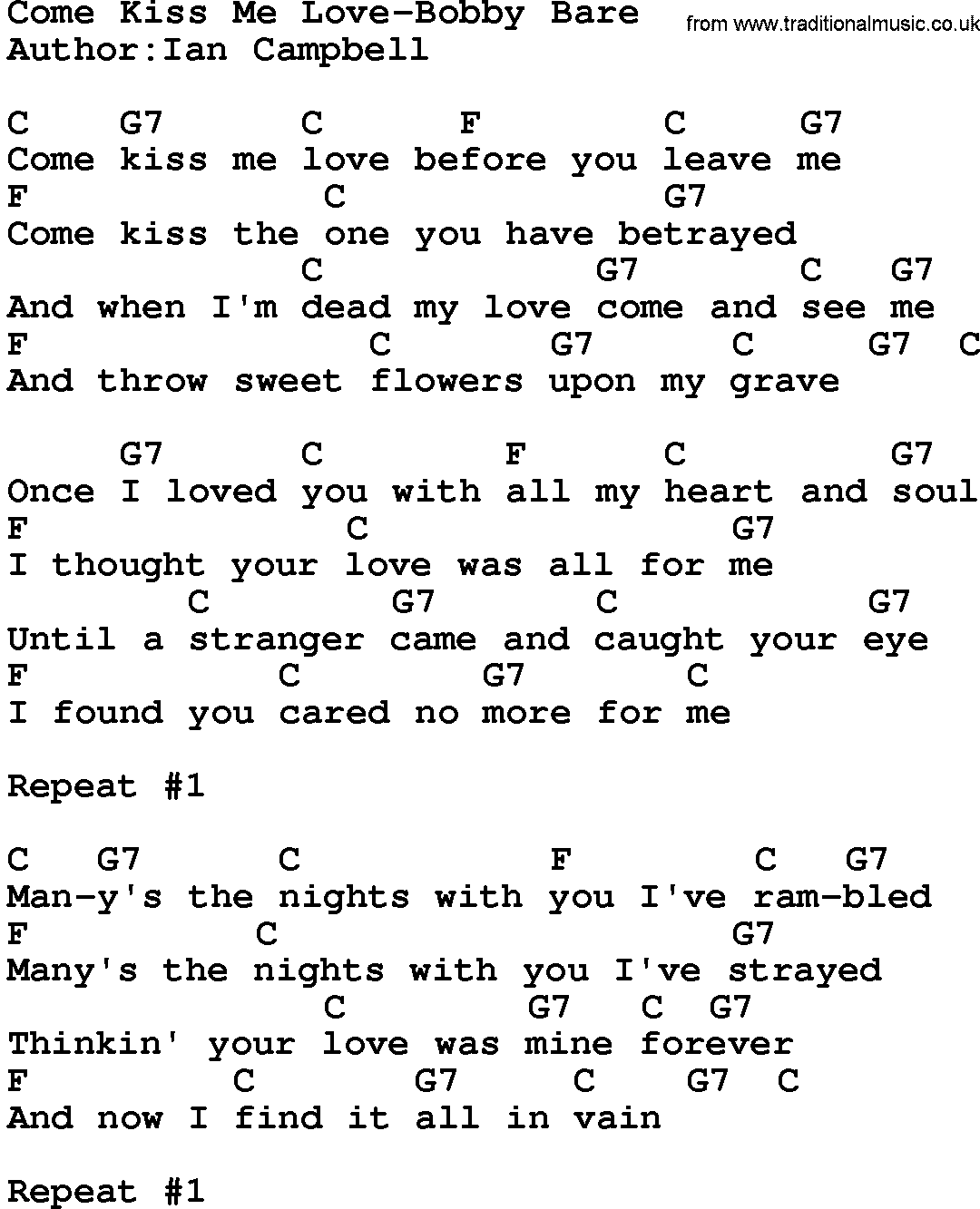 Country music song: Come Kiss Me Love-Bobby Bare lyrics and chords