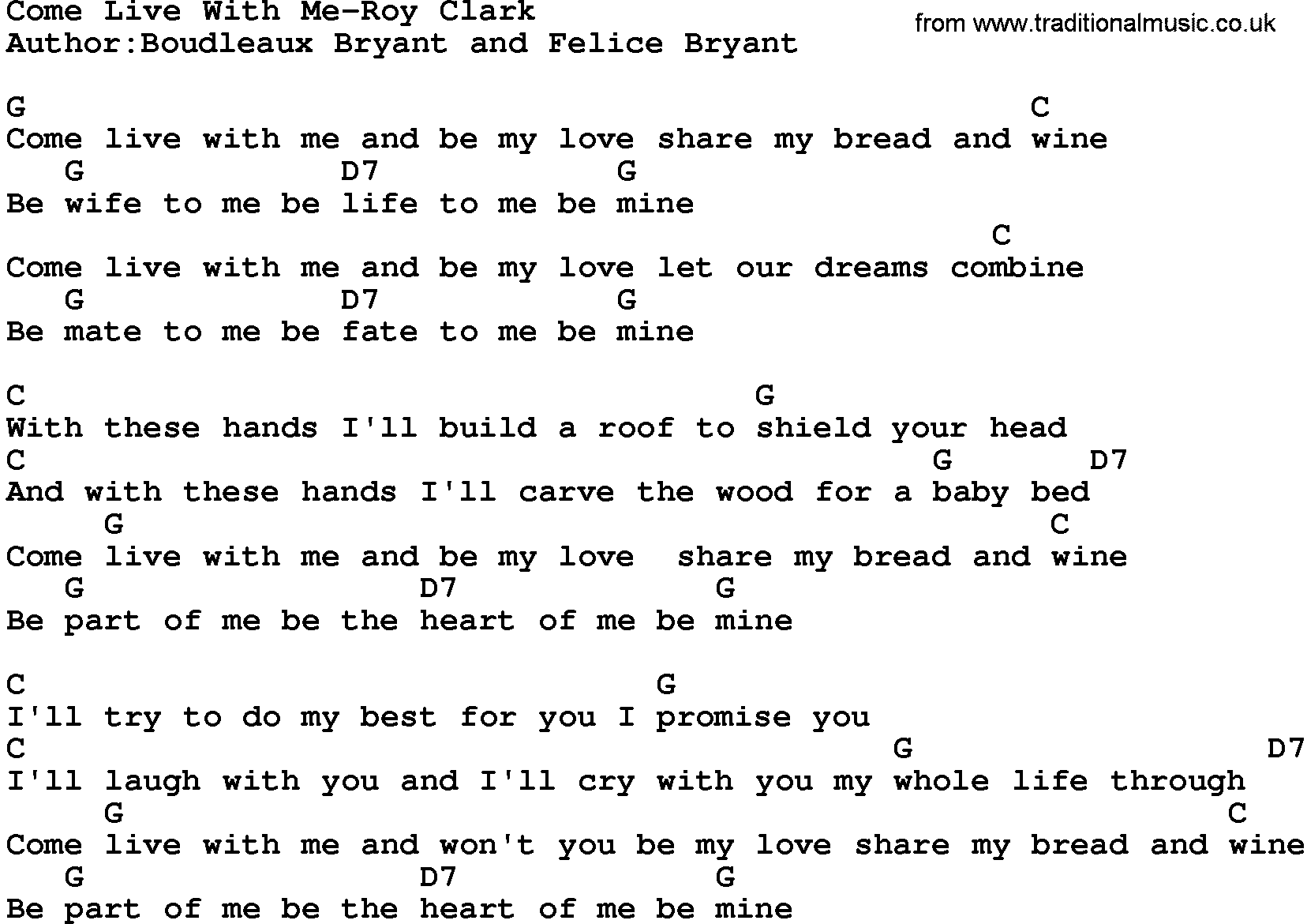 Country music song: Come Live With Me-Roy Clark lyrics and chords