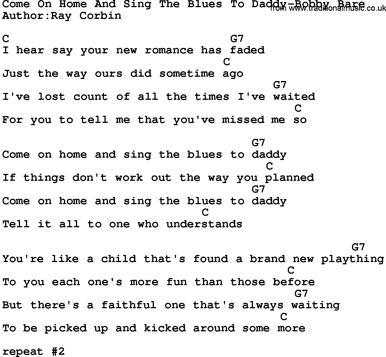 Country music song: Come On Home And Sing The Blues To Daddy-Bobby Bare lyrics and chords