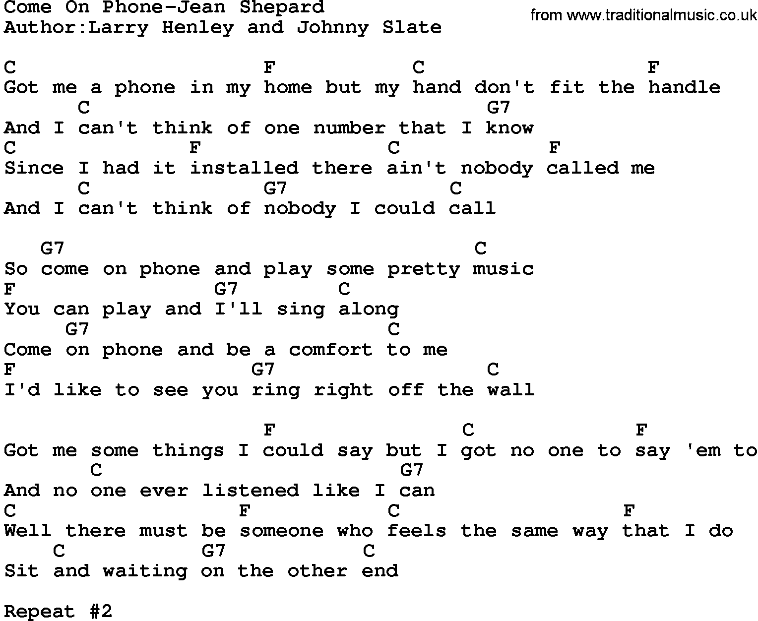 Country music song: Come On Phone-Jean Shepard lyrics and chords