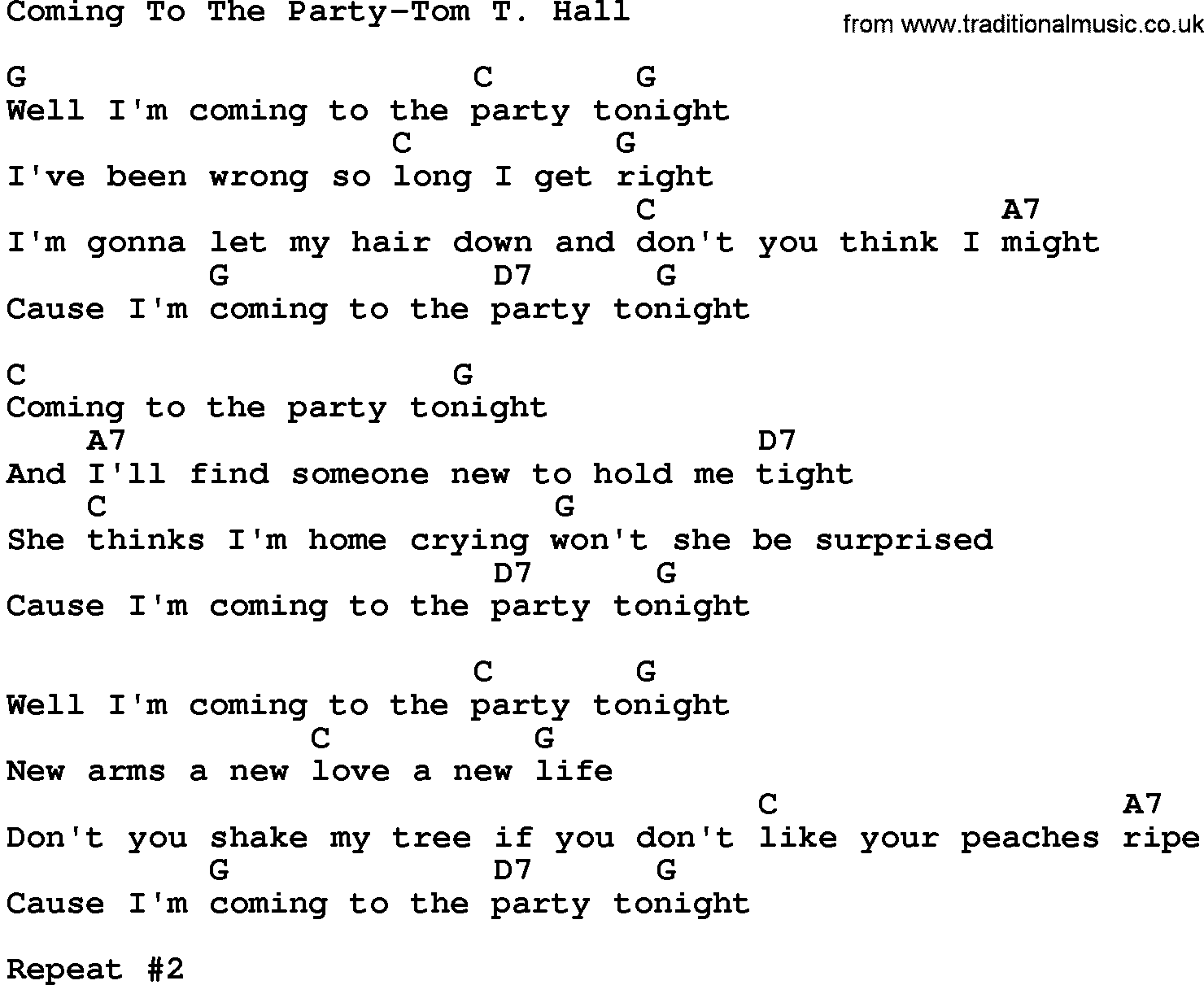Country music song: Coming To The Party-Tom T Hall lyrics and chords