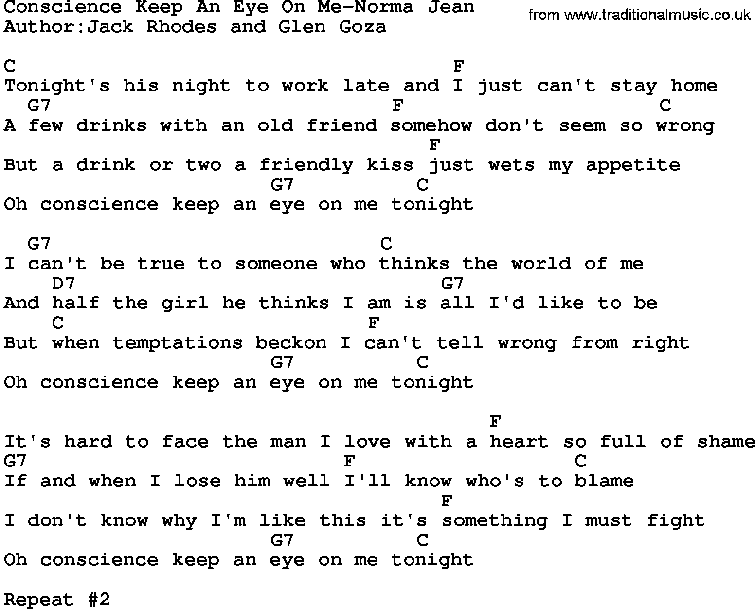 Country music song: Conscience Keep An Eye On Me-Norma Jean lyrics and chords