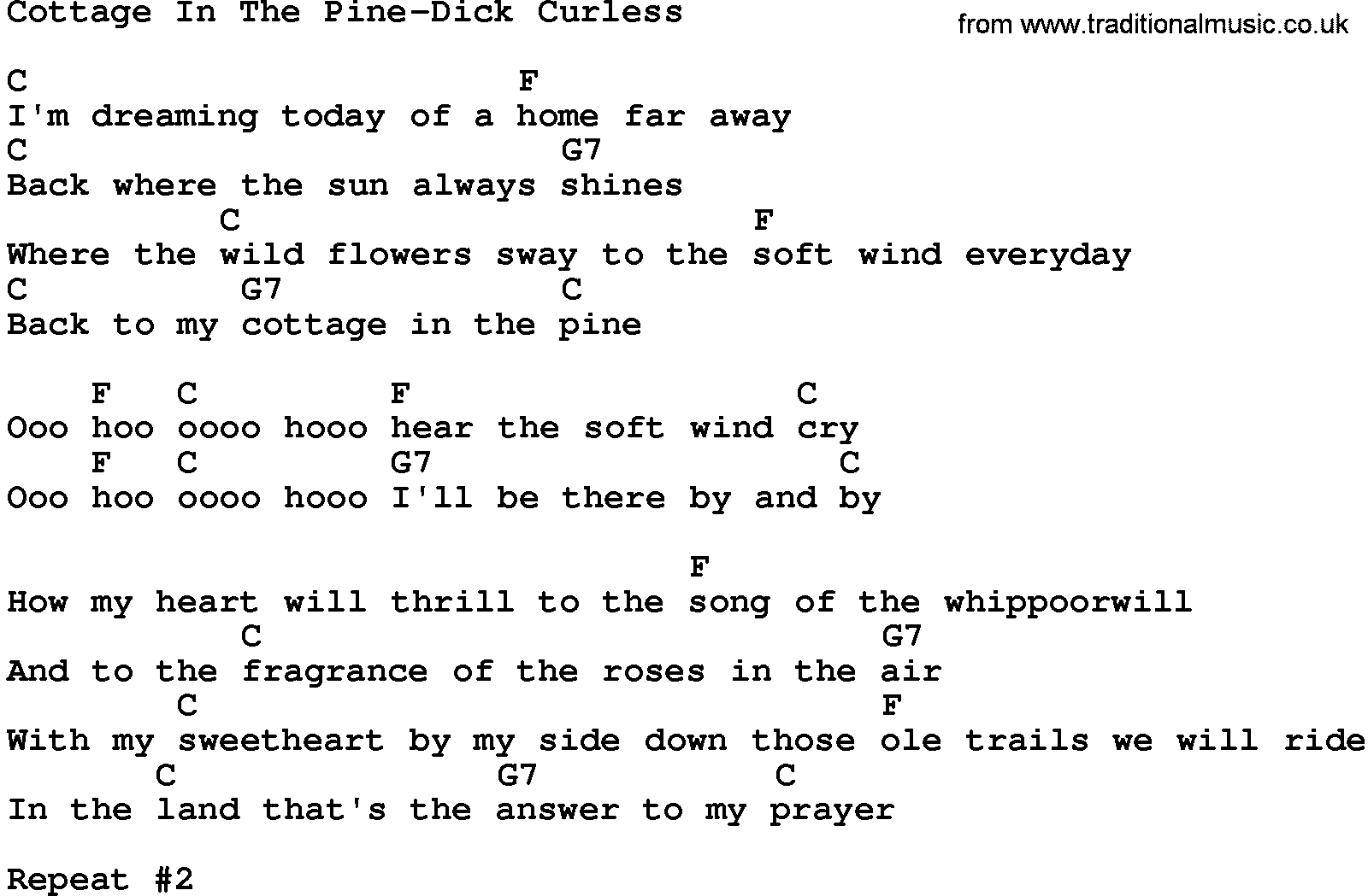 Country music song: Cottage In The Pine-Dick Curless lyrics and chords