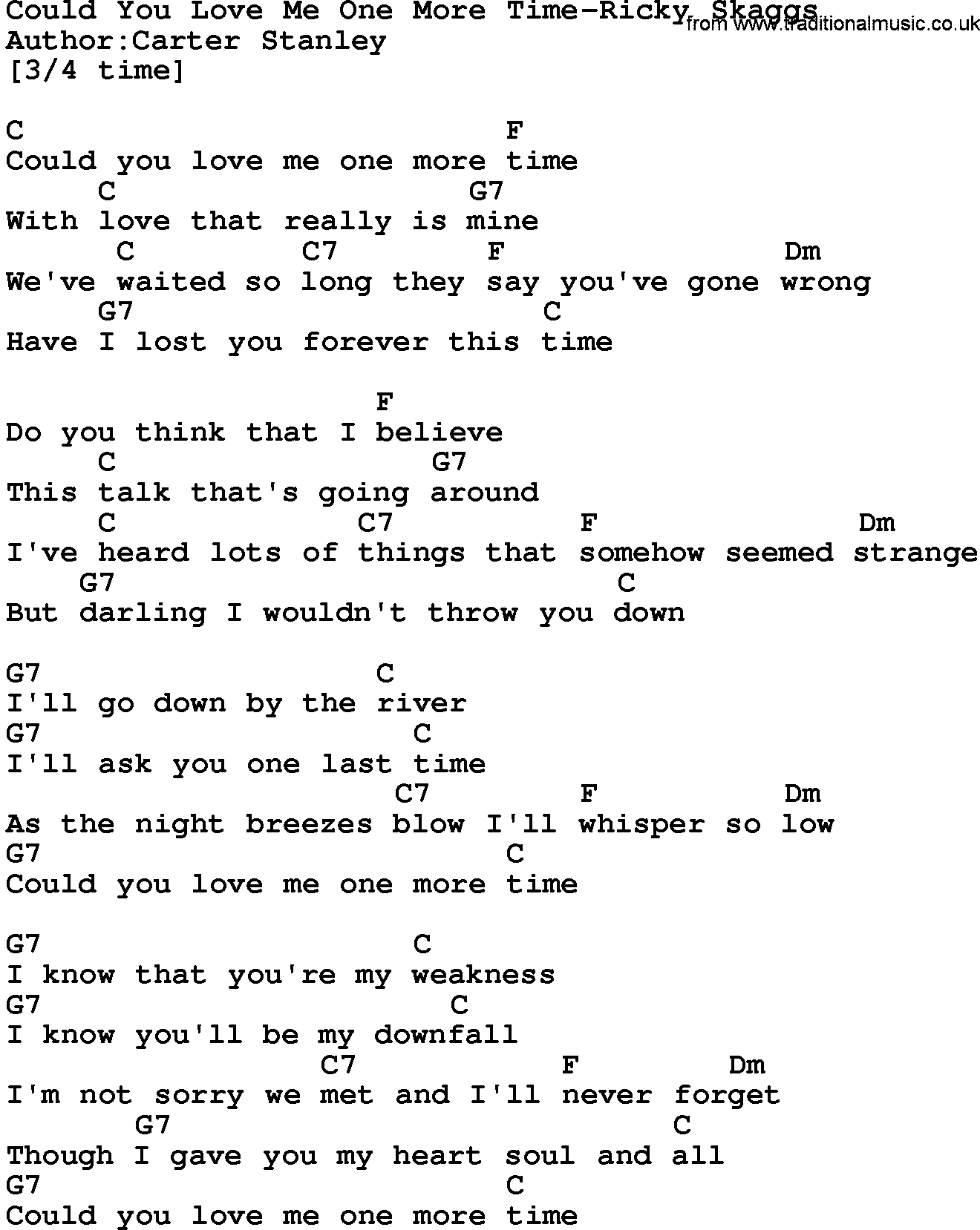 Country music song: Could You Love Me One More Time-Ricky Skaggs lyrics and chords