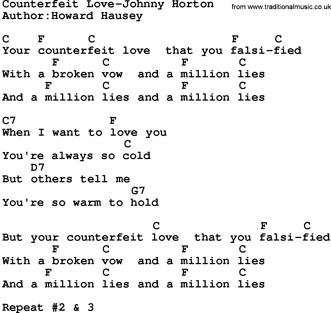 Country music song: Counterfeit Love-Johnny Horton lyrics and chords